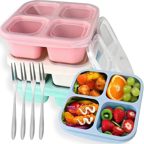 lbxtswpl Bento Snack Boxen, 4 Stück Bento Lunchbox, Snackboxen mit 4 Fächer | Wiederverwendbare Mahlzeiten Vorbereitungsbehälter mit Edelstahlgabel für Schule Arbeit Reisen(Grün/Blau/Pink/Beige)
