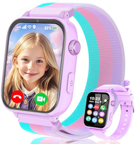 Ucani 4G Smartwatch für Kinder GPS, Kinder Watch Uhr Telefon mit Videoanruf und Voice Chat, WiFi, SOS, Schrittzähler, Wecker, Spiele, Kindergeschenke Armbanduhr Uhr für Mädchen Jungen ab 4 (Lila)