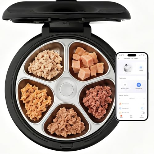 Automatic Cat Feeder Wet Food for 5 Meals with Camera, Semiconductor Cooling & Pre-Heating Pet Food Dispenser with Night Vision, App-Control & Meal Call, Stainless Steel Tray, Easy to Clean（Black）