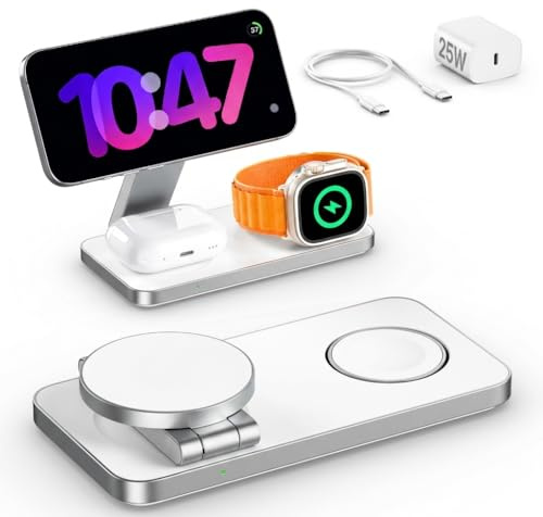 Induktive ladestation mit Qi2.2 25W, 3 in 1 Apple Ladestation Kompatibel mit Magsafe Ladegerät iPhone Charging Station Für iPhone 17/16/15/14/13/12, Apple Watch, AirPods, mit 35W Adapter