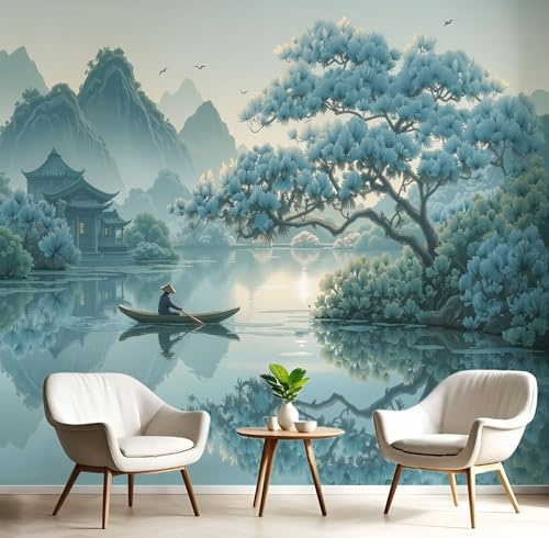 ANALTIRCE Papier Peint Intissée Peinture À L'Encre Style Chinois 150×105cm Papier Peint Panoramique, Montagnes Forêts Tableaux Décoration Murale pour Salon, Chambre, Décor Fond TV, Bleu
