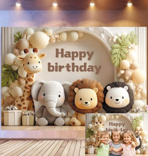 Bovlleetd 1.8x1.2m Kids Safari Birthday Backdrop Animal Plush Toys Photography Background Balloon Arch Neutral Tone Gift Boxes Happy Birthday Lettering Cute Jungle Theme Photo Studio Props
