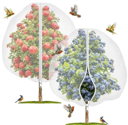 Large Fruit Tree Netting 2 Pack 185x185cm with Zipper & Drawstring, Fine Mesh Tree Netting for Bird Protection, Netting for Fruit Trees, Cherry & Blueberry Bush Covers, Garden Insect Barrier