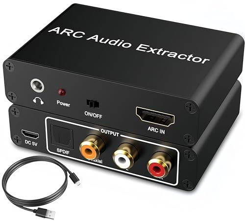 HDMI ARC Audio Extractor 4K60Hz, 192KHz HDMI ARC Adapter Converter to Optical TOSLINK SPDIF + RCA L/R+ Coaxial and Analog 3.5mm Stereo for Soundbar HDTV Speaker Amplifier Headphones