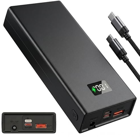 Power Bank 20000mAh con Uscita DC 12V 3A, Batteria Esterna Ricarica Rapida PD QC 74W, USB-C e USB-A, Display LED Digitale, for Notebook, MacBook, Router WiFi, Smartphone, Tablet, Giacca Riscaldata