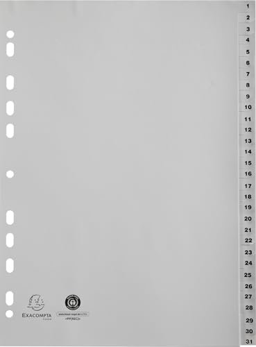 Exacompta 1931E Kunststoff-Register 1-31 für DIN A4 aus recyceltem Kunststoff 31-teilig volle Höhe 21 x 29,7 cm grau mit bedruckten Taben Universallochung Blauer Engel Trennblätter Trennstreifen