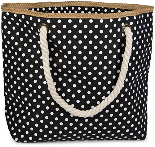 styleBREAKER Strandtasche mit Punkte Muster und Kordelgriffen | großes Hauptfach mit Reißverschluss | inkl. abnehmbarer Kosmetiktasche | Shopper Damen mit Bast-Detail, Farbe:Schwarz-Weiß
