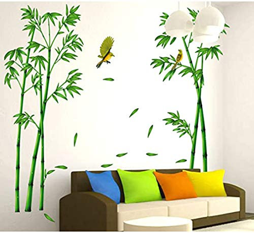 Stickers Muraux Chinois Vert Bambou Et Oiseau, Salon Chambre Tv Peinture Murale 295x165cm