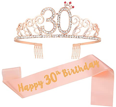 KroY PecoeD 30 anni corona di compleanno sciarpa, rosa compleanno cintura e tiara per donna, diadema principessa felice 30th compleanno costume accessorio decorazione compleanno regalo