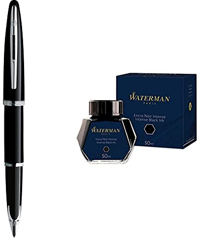 Waterman Carène Black Sea Stylo Plume, Noir Ultra-Brillant avec Finitions Plaquées Palladium, Plume Moyenne, Cartouche d'Encre Bleue, Coffret Cadeau & Flacon d'Encre Noir