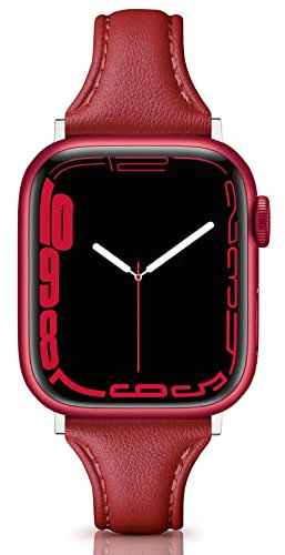 Tuocal Genuine Leather Strap Compatible with Apple Watch Straps 38mm 40mm 41mm, Slim Thin Soft Replacement Strap for Apple Watch iWatch Series 8 7 6 5 4 3 2 1 SE Sport Edition Women, Hibiscus Red