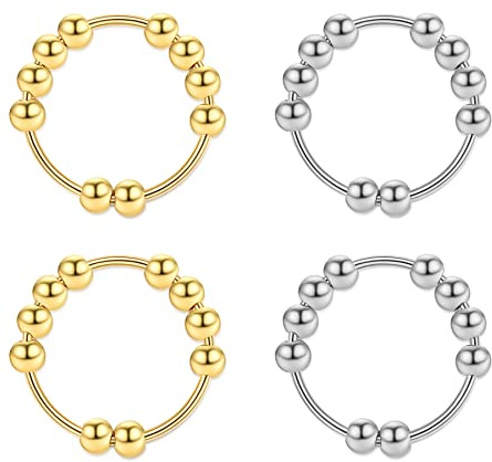 JewelryWe 4 Stück Fidget Ring Anti-Angst Ringe für Frauen Perlen Spinner Ringe Beruhigende Sorge Meditationsring Größe 6-10