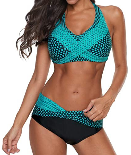 CheChury Damen Neckholder Bikini Set Zweiteilige Badeanzug Verstellbarer überkreuzten Push Up Gepolsterte Bademode Halter Schwimmanzug,Dunkelgrün,XL