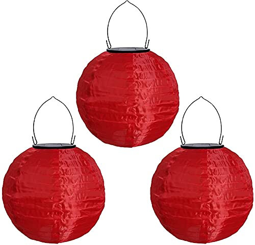 Yeehliny Solar Lampions Außen Wetterfest Solar LED Laterne Wasserdicht Nylon Garten Laterne Solarlaterne für außen Hängend Solarlampiongs Runder Lampenschirm Garten Deko Außendeko (30cm/3PCS/Rot)