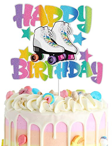 Roller Skate Happy Birthday Cake Topper Girls Retro Colorful Hip Hop Theme Party Cake Decoration Girls Club Rolling Supplies for Girls