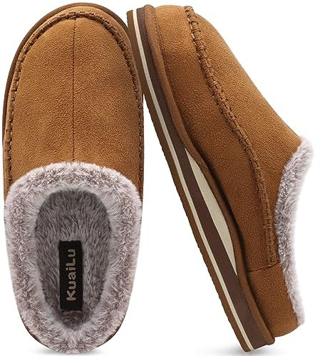 KuaiLu Herren Kuschelschuhe aus Plüsch mit offenem Rücken Herren Memory-Schaum Clog Hausschuhe Bequeme handgemachte Stitch Microsuede Slip-On Hausschuhe mit stützend Indoor Outdoor Khaki Größe 47