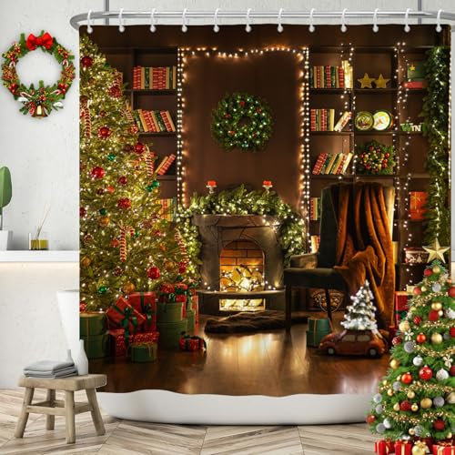 SDOTPMT 180x180cm Frohe Weihnachten Duschvorhang Weihnachtsbaum Kamin Geschenk Badevorhang Jahrgang Buch Regal Winter Ferien Kiefer Blatt Badewannenvorhang für Badezimmer Polyester mit Haken