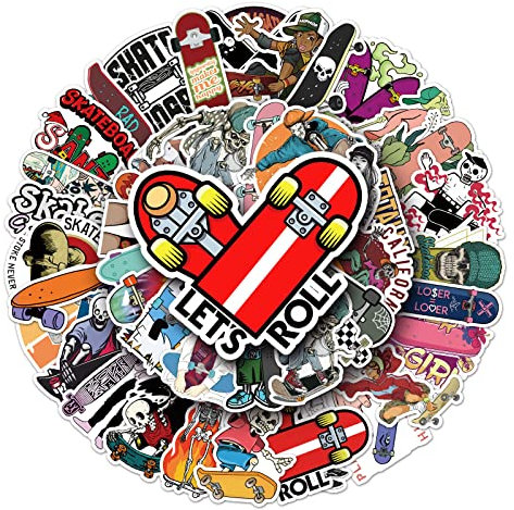 50Pcs Skateboard Stickers Laptop Car Scrapbook Phone Skateboard Suitcase Luggage Bike Cool Skate Stickers Vinyl Waterproof Aesthetic Personalised Stickers for Teens Boys Girls Adults Children
