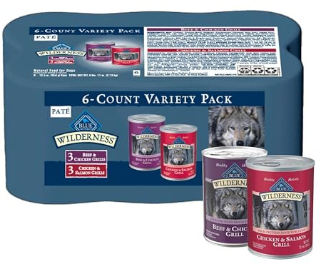 Blue Buffalo Wilderness High Protein Beef and Chicken & Salmon and Chicken Wet Dog Food Variety Pack for Adult Dogs, Grain-Free, 12.5 oz Cans (6 Pack)