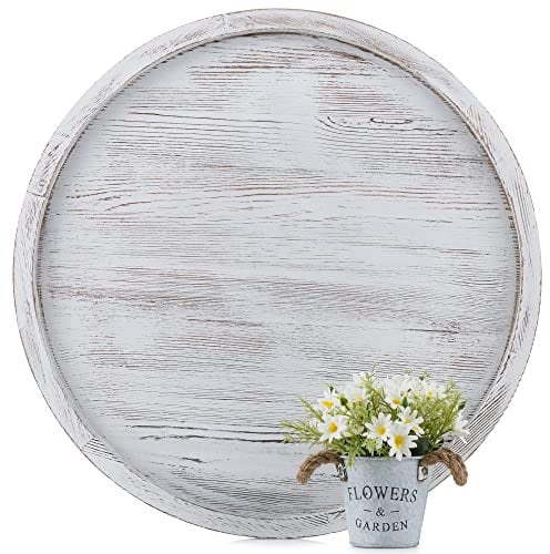 Hanobe Large Serving Ottoman Tray: Extra Large Rustic Round Wooden Coffee Table Trays Farmhouse Whitewashed Circle Wood Tray Home Decor for Kitchen Centrepiece Counter XXL 60cm