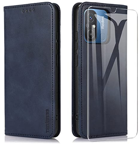 THIYUFUNS Handyhülle für Xiaomi Redmi 12C / 11A Leder Hülle + Panzerglas Schutzfolie,Magnet Klapphülle Case Cover Schutzhülle - Blau