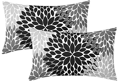 Schwarze Kissenbezüge, 30.5x50.8 cm, Schwarz, Weiß, Grau, Dahlien, Blumenmuster, geometrische Lendenwirbelbett, Kissenbezüge, 2er-Set, Bauernhaus, Schlafzimmer, Outdoor-Kissen