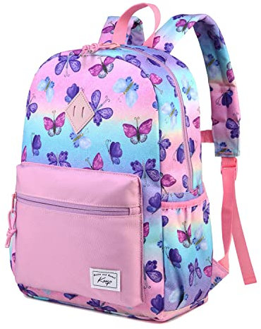 Kasqo Kinderrucksack, wasserabweisend, leicht, Vorschule, Kleinkind, Büchertasche mit Brustgurt für Jungen und Mädchen, Schmetterling lila, Large, Daypack Rucksäcke