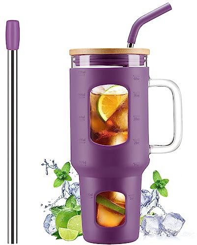WINSA Glass Tumbler with Straw and Lid, 40 oz glass cup with handle, Glass Water Bottles with Time Marker, Silicone Protective Sleeve-Dark Purple
