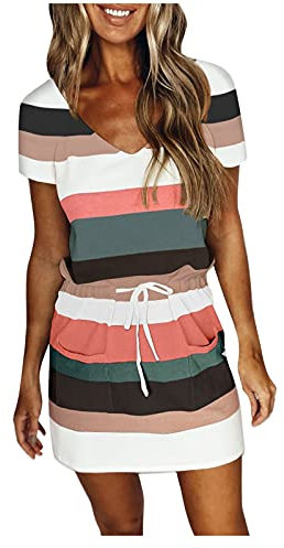 Strandkleid Damen Kurzarm V-Ausschnitt LäSsigcami T-Shirt Kleid Streifen Oberhalb des Knies Kurze Sommerkleide Mit Taschen Mit GüRtel Leichte Freizeitkleid Blumenkleid Minikleid