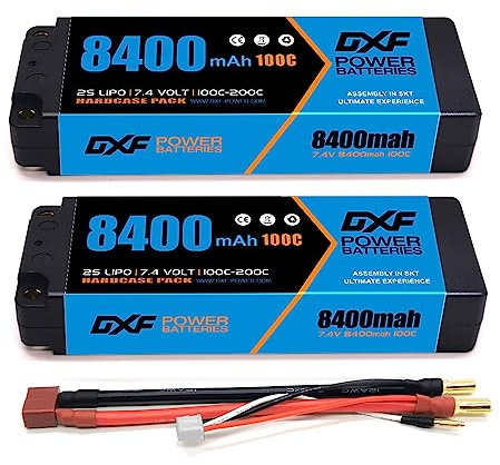 DXF 2 Paquets Batterie lipo 2s 8400mah 100c 5mm - Haute Performance pour modélisme rc - Compatible losi, hpi, Tamiya et Plus - lipo 2s Tension 7,4v, fiche Deans t - idéale pour 1/8 et 1/10 véhicules
