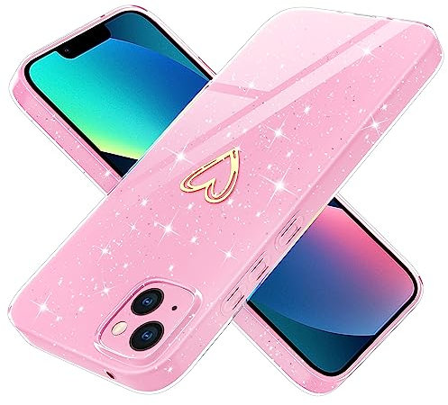 Yichxu Handyhülle für iPhone 13 Hülle Glitzer Gold Herz Love Silikon TPU Stoßfeste Schutz Bumper Case Cover Glänzend Ultra Dünn Kratzfeste Schutzhülle für iPhone 13 6,1 Zoll, Rosa