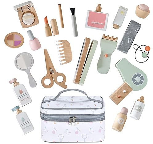 Smartwo Wooden Makeup Set Kids, Toddler Pretend Make-up & Hairdressing & Skincare Playset with Handbag, Fake Wooden Cosmetics, Children Role Play Toys, Birthday Gift for Girl Boy Age 2-6