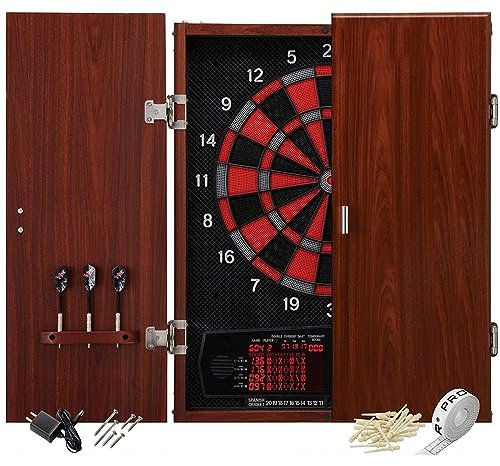 HTONVK Dart Board, Decorative Dart Board Cabinet Set (12*Soft Tip Darts), Electronic Dart Board, Wooden Cabinet Doors with Integrated Scoreboard for Family Game Rooms