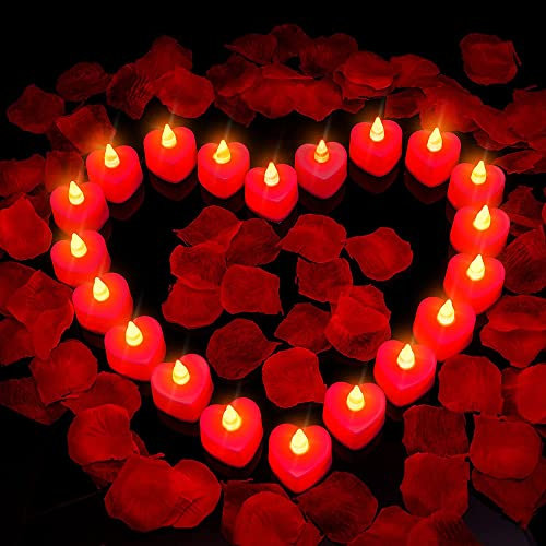 puseky Lot de 24 bougies LED en forme de cœur et 1000 pétales de rose artificiels, bougie chauffe-plat à LED romantique pour nuit romantique, Saint-Valentin, anniversaire de mariage, décoration de