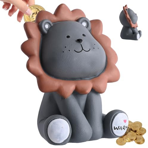 Fosoloni Spardose Kinder, Bruchsichere Sparschwein aus Harz, Braun Löwe Sparschwein, Sparschwein Ornament für Jungen und Mädchen, Wiederverwendbare spardosen (Grau)