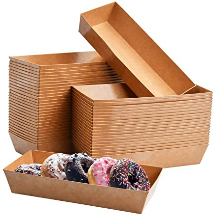 50 Piezas Bandeja de Comida de Cartón, Cajas para Papas Fritas de Papel Kraft, Cajas de Cartón para Alimentos, Cuencos Aperitivos Desechables para Ensaladas Galletas Macarons (13,8 x 7 x 3,5 cm)