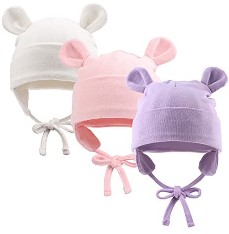 Pesaat Baumwolle Erstlingsmützen 0-12Monate Baby Mütze Neugeborene Mädchen Jungen Baby Beanie Newborn Mütze Mit Ohren und Band,Sommer,Frühling,Winter (Weiß+Rose+Lavendel, 0-6Monate)