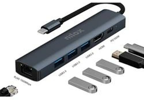 Nilox NXDSUSBC06 Docking Station USB-C 6 Porte, Hub USB 3.0 Alimentato con HDMI 4K, Ethernet Gigabit, Multi USB, Presa USB Multipla, Involucro in Alluminio