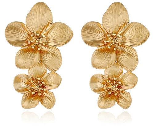 Gold Flower Earrings Double Flower Statement Earring for Women, Large Gold Floral Earrings for Women Boho Jewelry Gift