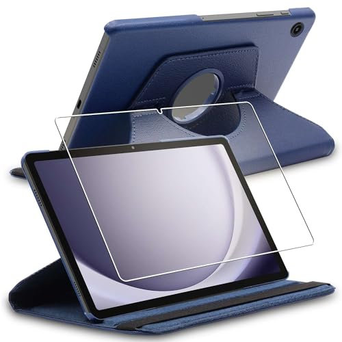 ebestStar - Hülle für Samsung Galaxy Tab A9+ SM-X210 (2023), Drehbar Schutzhülle, PU-Lederhülle, Rotierende Ständer Etui, Rotating Case Cover, Dunkelblau + Panzer Schutz Glas