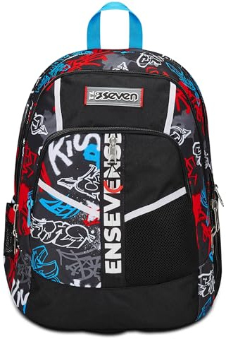 SEVEN Schulrucksack Advanced, Schwarz Rot, Half Street, Doppelter Rucksack mit Tasche für PC oder Tablet, Tasche für Trinkflasche und Organizer, Rucksack Mittel- und Oberschulen, Kinder Jungen,