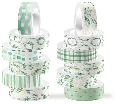 CC HOME 12 Rollen Washi Tape Eucalyptus globulus Muster Dekorativ,15mm Masking Tape Aquarellästhetik Dekoratives Stickers Scrapbooking Tape Bastelmittel, für DIY,Kunsthandwerk,Tagebuch,Alben