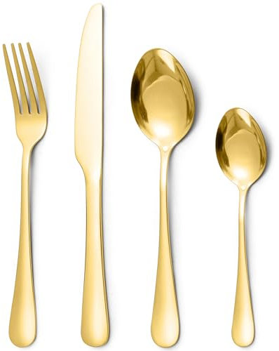 Gold Cutlery Set,24 Piece Cutlery Set for 6 People,Stainless Steel Kitchen Cutlery,Knife and Fork Sets,Mixed Cutlery Sets,Dishwasher Safe,Easy Clean,Mirror Polished