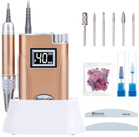 Delanie Ponceuse pour Ongles 40,000 RPM Professionnel, Ponceuse Ongles Sans Fil Rechargeable pour Ongles en Acrylique et Gel, Incl. 8 Embouts, Parfait pour Salon/Maison, Or