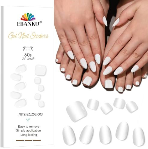 EBANKU Semi Cured Gel Nail Strips, 24PCS Gel Nail Stickers 28PCS Pedi Gel Nail Wraps Long Lasting- Easy to Apply & Remove for Salon-Quality Pedicure| White
