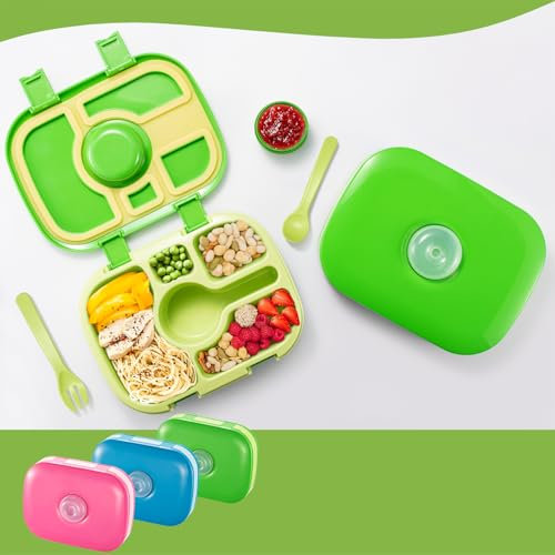 Qobobo® Brotdose mit Fächern, BPA-Frei, Lunchbox mit 5 Unterteilung und 1 Separaten Saucenbox & geschirr, Brotzeitbox Brotbox Bento Box ideal für Kindergarten & Schule (Grün)