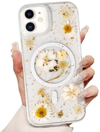 Magnetisch Hülle Blumen für iPhone 11, Kompatibel mit MagSafe, Durchsichtig Sonnenblume Handyhülle Glitzer Echte Getrocknete Blumen Hülle Transparent Stoßfest Schutzhülle Florale Gänseblümchen