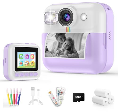 Kids Instant Print Camera, Christmas & Birthday Gift for Girls & Boys, Digital Camera with 32GB Card, 1080P Video, Portable Purple Toy for Ages 3-10