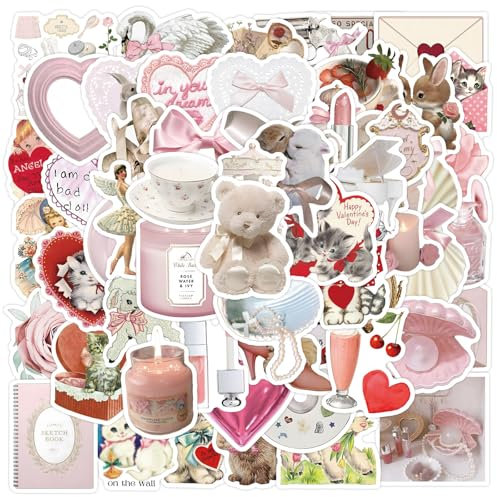 Nayyana 60 Stück Coquette Kawaii Aesthetic Sticker Wasserfeste Anime Aufkleber für Laptop Koffer MacBook iPad Motorrad Helm Scrapbook Kühlschrank, Rosa Sticker für Mädchen und Frauen