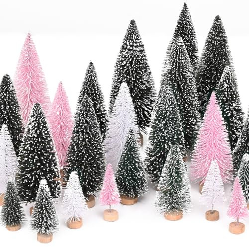 Waipfaru Pink Christmas Decorations, Mini Bottle Brush Christmas Trees, 21 Pcs Miniature Small Pine Trees for Xmas Tabletop Crafts Indoor Table Home Decor (Pink & White)